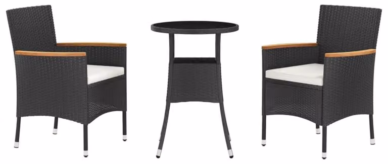 Set da giardino composto da 3 pezzi - Set da bistrot - Nero e crema - Realizzato in rattan sintetico - Include cuscini