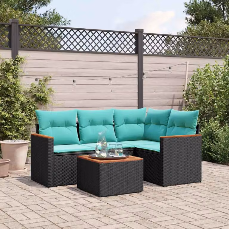 Set Divano da Giardino a L vidaXL in Polyrattan Nero con Cuscini Blu e Tavolino da Esterno