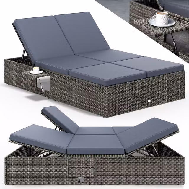 Lettino prendisole Casaria in polyrattan grigio antracite con poggiatesta regolabile e vassoio laterale L/P/H: 220 x 115 x 33 cm