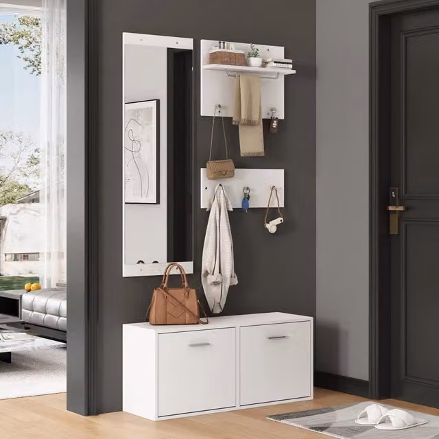 Set da 4 pezzi REDOM per ingresso con specchio, scarpiera e appendiabiti, Bianco, L 90 cm x P 30 cm x H 41,5 cm