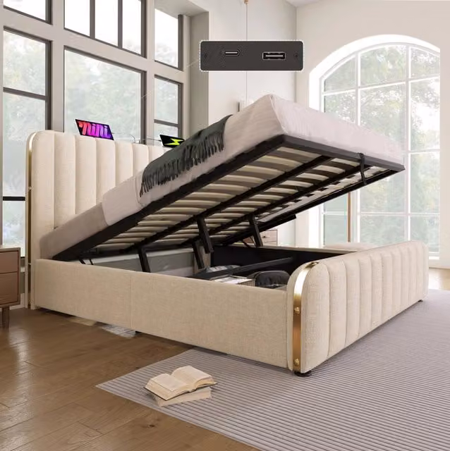 Letto imbottito 180x200 cm beige in lino con testiera decorata, funzione USB Tipo-C e contenitore idraulico