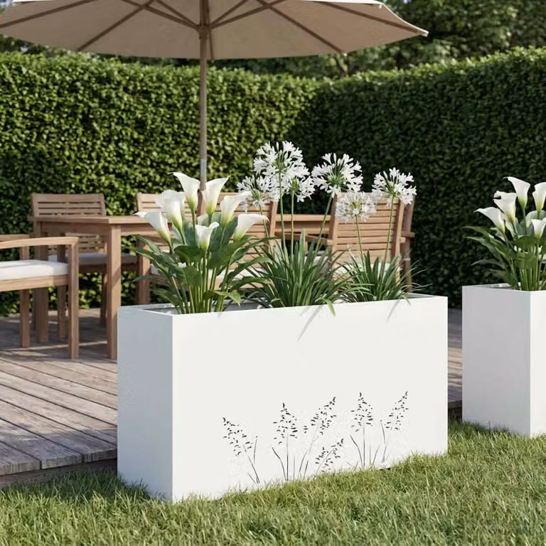 vidaXL Vaso da giardino in metallo Bianco L: 100 cm, P: 20 cm, H: 49 cm