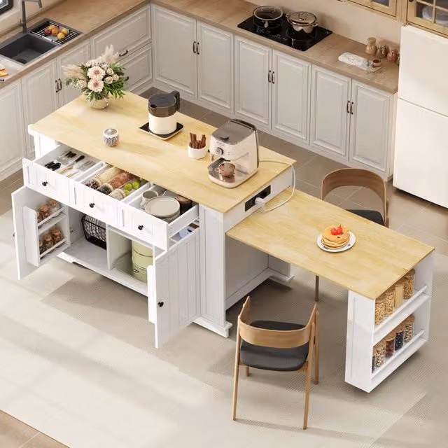Isola cucina con tavolo estraibile in MDF, 138 x 55 x 93 cm, prese USB, cassetti e ripiani regolabili