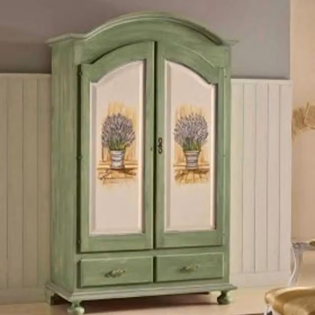 Armadio Shabby Chic KIVIO in Legno Verde con Decorazioni Floreali L: 125 cm, P: 60 cm, H: 200 cm
