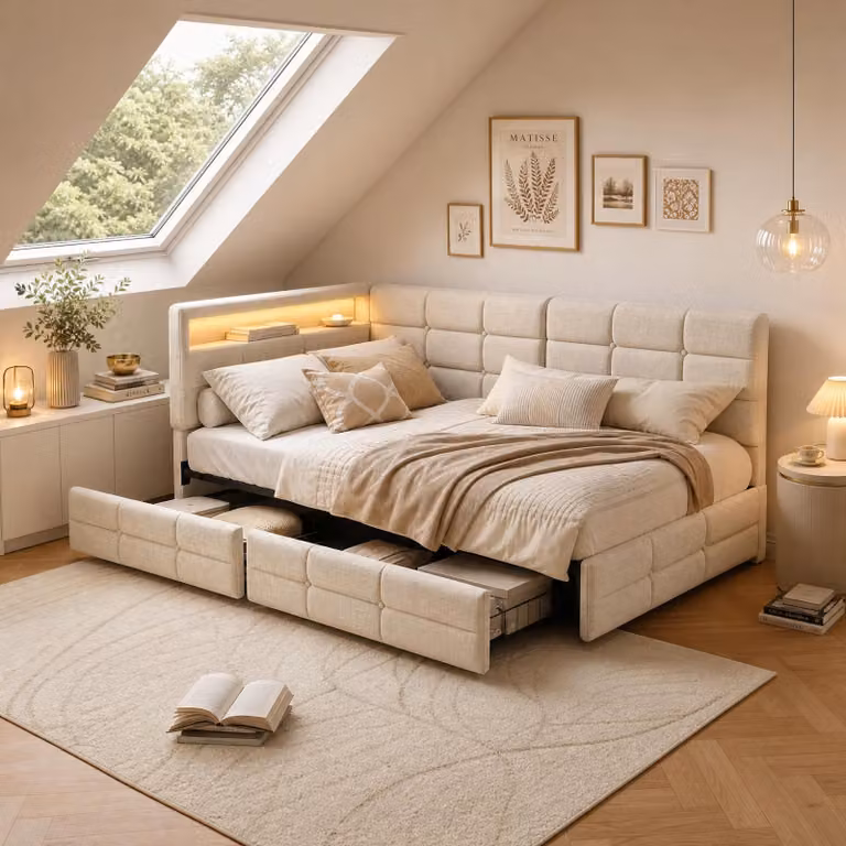 Letto imbottito INONEFT, 90 x 200 cm, a forma di L, letto per bambini con LED e USB, dotato di 2 cassetti e rete a doghe, letto singolo, tessuto in lino, color beige