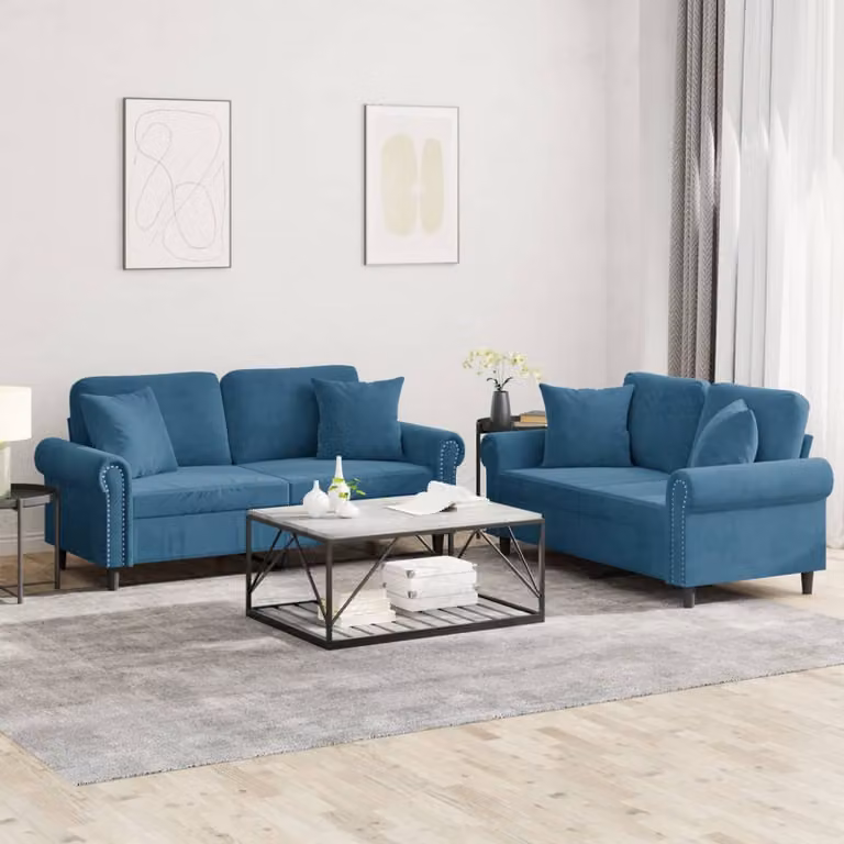 vidaXL Set di 2 Divani Moderni in Velluto Blu con Cuscini