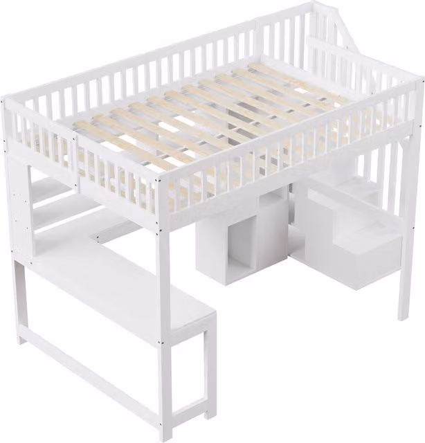 Letto a soppalco moderno in legno e MDF bianco con scala contenitore, scrivania, ripiani e illuminazione LED, dimensioni L/P/H: 200 x 140 x 251 cm