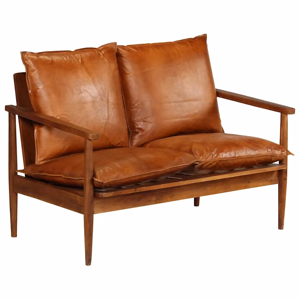 Divano a 2 posti in vera pelle marrone con struttura in legno di acacia stile mid-century vidaXL – 2