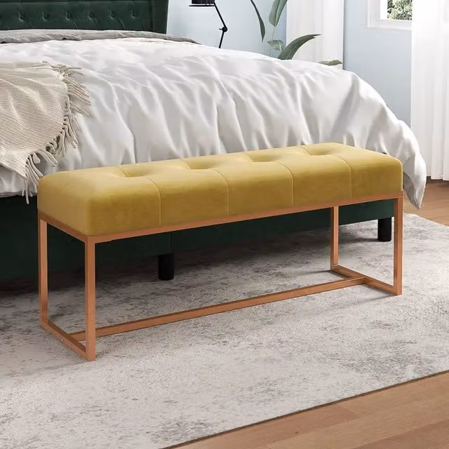 Panca moderna vidaXL in velluto giallo con struttura in legno e metallo L: 110 cm, P: 36 cm, H: 45 cm