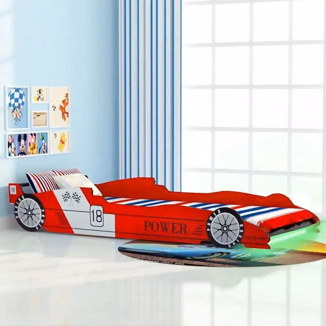 Letto per bambini a tema auto da corsa con luci LED vidaXL, colore rosso, L/P/H: 200 x 90 x 94 cm