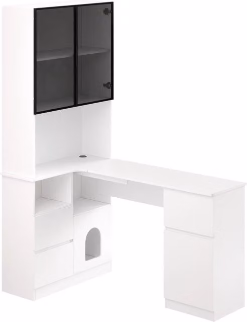 Scrivania angolare Chicfurn bianca con 3 cassetti, 2 ante, vani aperti e vetrina con LED in MDF, L/P/H: 120 x 80 x 180 cm