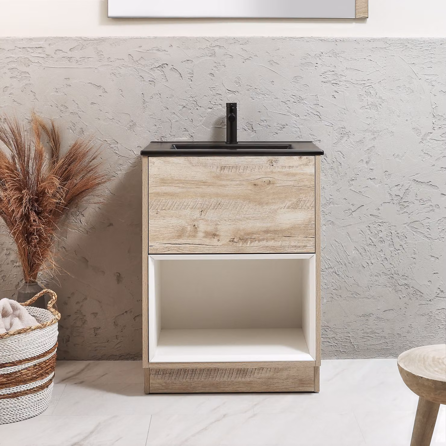 Mobile Bagno con Ripiano Aperto in Rovere Chiaro da 612mm con Lavabo Color Grafite - Hoxton