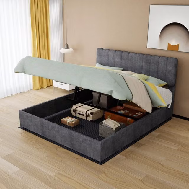 Letto imbottito moderno con testiera morbida e contenitore, 160x200 cm, grigio