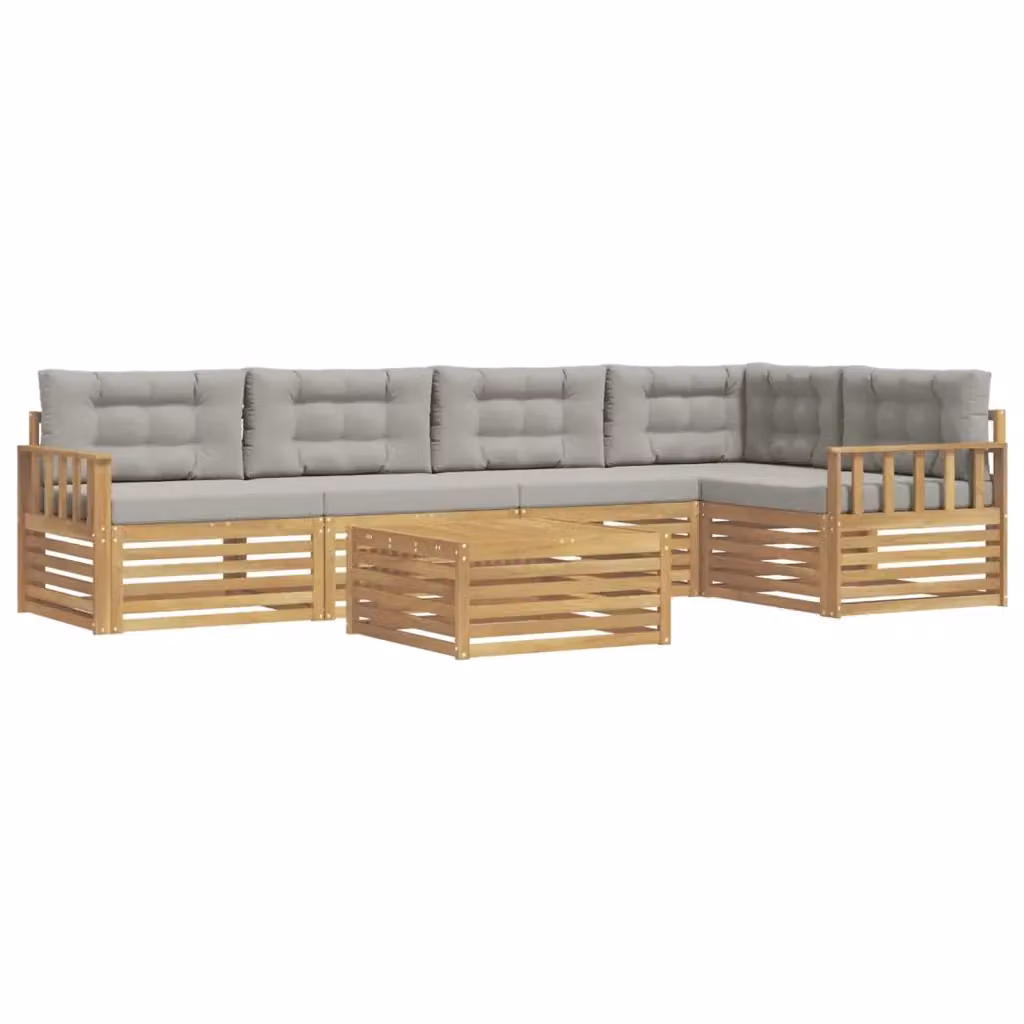 Set di divani da esterno a L con tavolino vidaXL, composto da 6 pezzi in legno di acacia trattato, colore bianco e grigio, con cuscini inclusi – 2