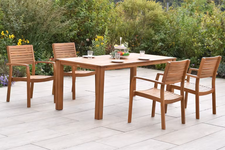 Set di mobili da giardino Merxx Batavia, 9 pezzi, 4 sedie impilabili con cuscini inclusi, tavolo 185 x 90 cm - acacia