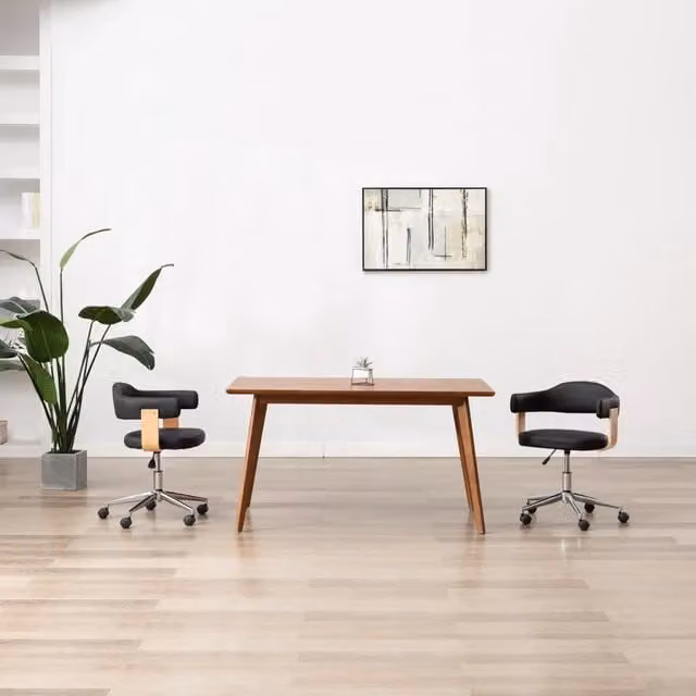 Sedia da Ufficio Girevole Moderna vidaXL in Similpelle e Legno Nera con Ruote – 1
