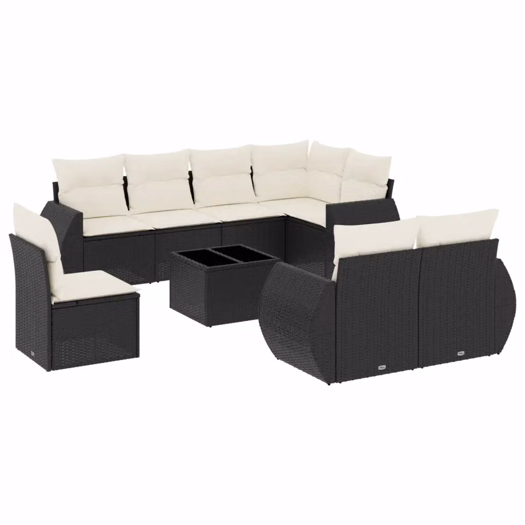 vidaXL Set Divani da Giardino a L 9 pz in Polyrattan Nero con Cuscini e Tavolino da Esterno – 2