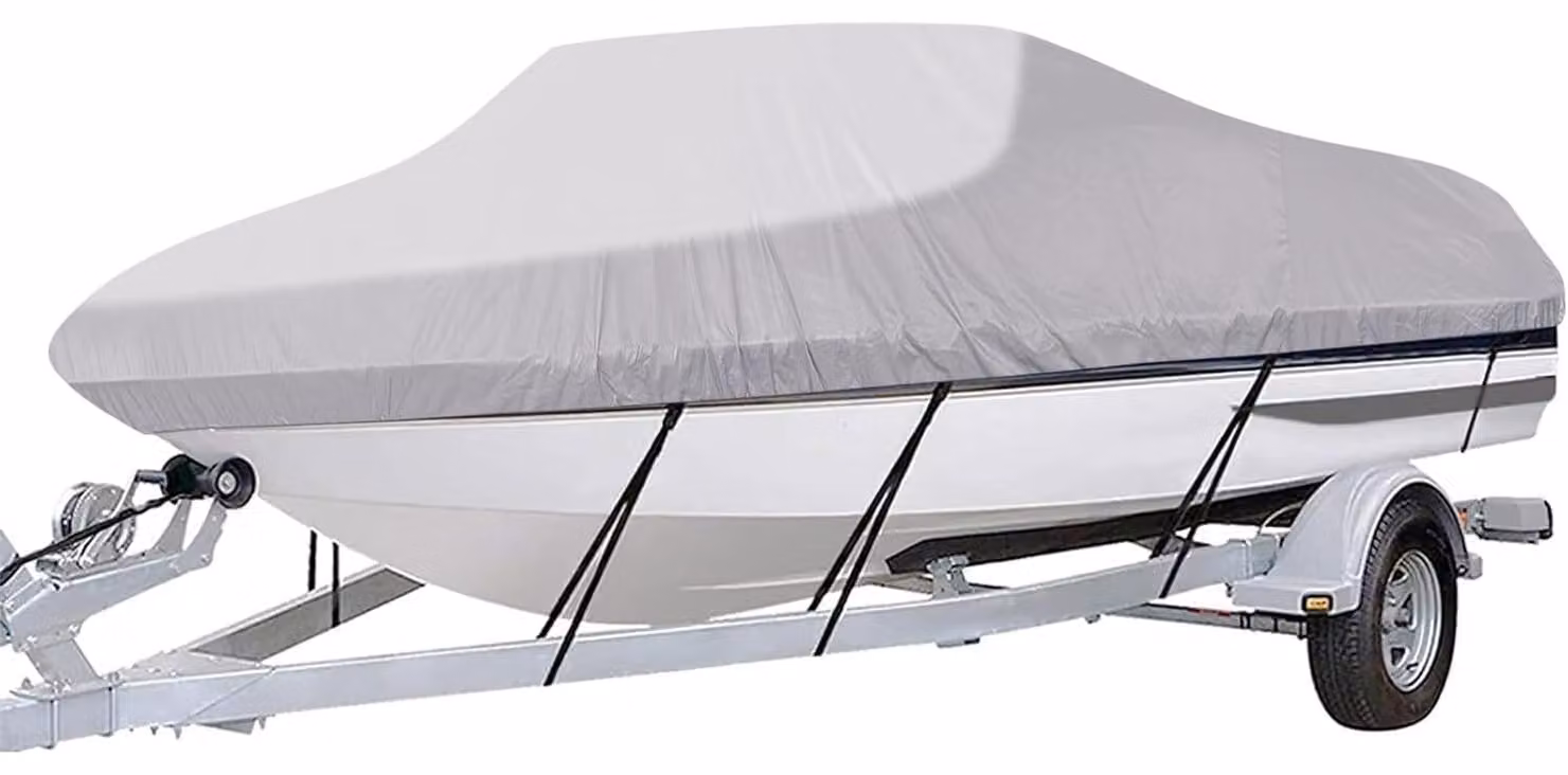 Copertura impermeabile per imbarcazioni, realizzata in tessuto Oxford 600D di colore grigio, adatta a imbarcazioni con scafo a V di lunghezza compresa tra 14 e 16 piedi