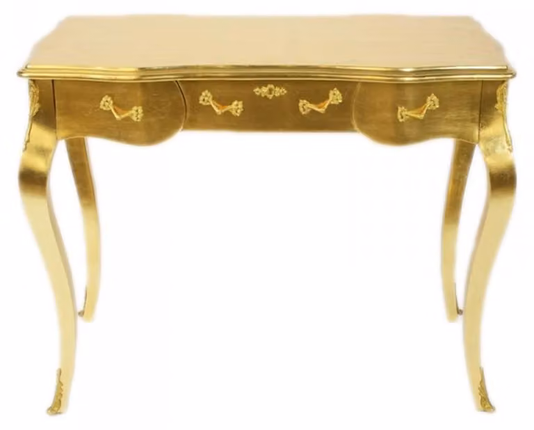 Scrivania consolle in stile barocco "Casa Padrino", color oro, con 3 cassetti e piano in vetro, dimensioni 97 x 78 x 48 cm