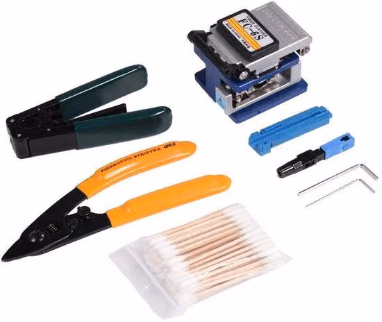 Kit di strumenti per la connessione di cavi in fibra ottica - Tagliacavi per fibra ottica - Strumento per la rimozione dell'isolamento - Guida cavi - Strumento di rotazione e pulizia - Borsa per il trasporto - Design ergonomico - Utensili per la lavorazio
