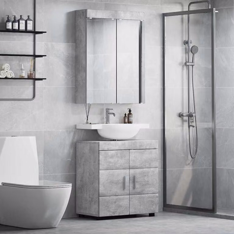 Set di mobili per il bagno vidaXL TULUM composto da mobile lavabo e armadietto con specchio, Grigio cemento, L: 60,0 cm, P: 34,0 cm, H: 63,0 cm