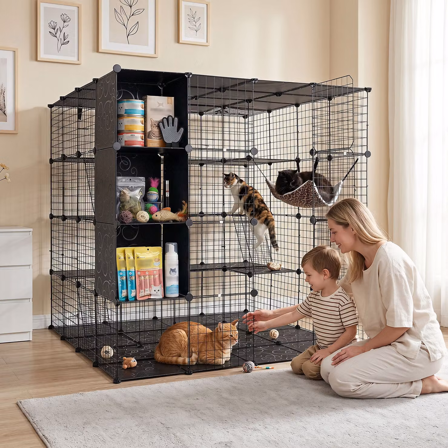 Costway Gabbia Modulare per Gatti e Animali Domestici con Piattaforme, 3 Scalette e Contenitore, Colore Nero