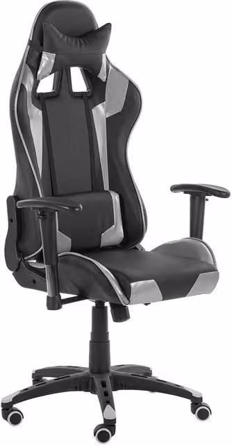 Sedia da gaming BELIANI girevole in pelle sintetica nera e argento con poggiatesta e braccioli, regolabile in altezza L/P/H: 120 x 71 x 71 cm