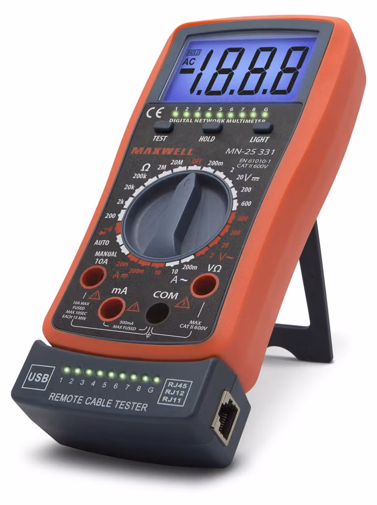 Multimetro digitale con tester per cavi - 2 in 1 - Selezione automatica della gamma - RJ11, RJ12, RJ45, USB - 600 V - 10 A - Retroilluminazione [25331]