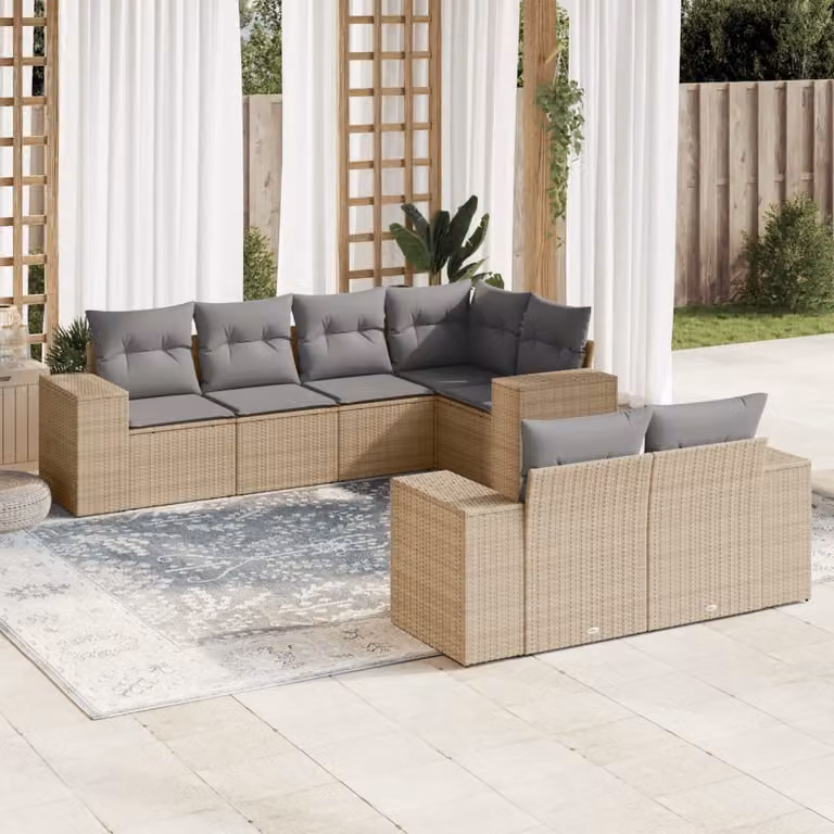 Set di divani da giardino vidaXL a forma di L composto da 7 pezzi con cuscini beige e struttura in metallo e rattan