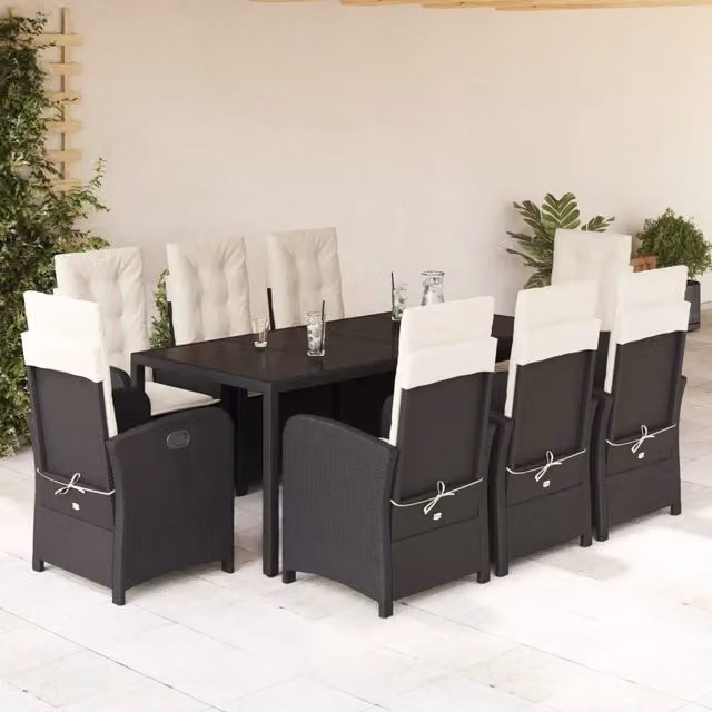 Set da pranzo da giardino vidaXL in polyrattan nero e bianco con piano in vetro per esterno