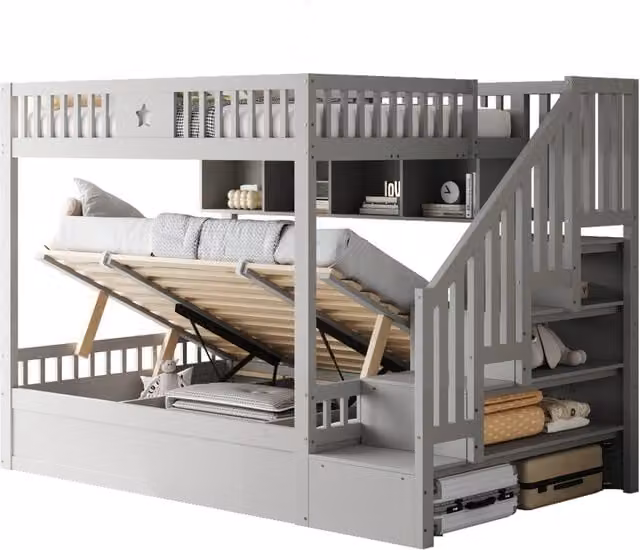 Letto a castello 140x200 cm con vano idraulico; scale contenitore e ripiani; grigio