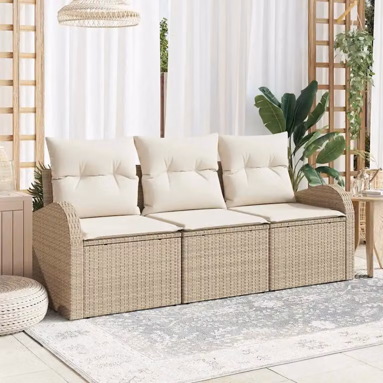 Set Divano da Giardino vidaXL Beige con Cuscini Imbottiti e Struttura in Acciaio e Polyrattan
