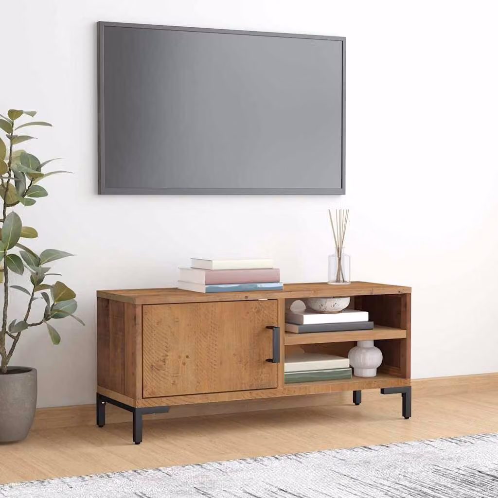 Mobile TV vidaXL in legno massello di pino e metallo, Marrone, L 90 cm x P 30 cm x H 40 cm