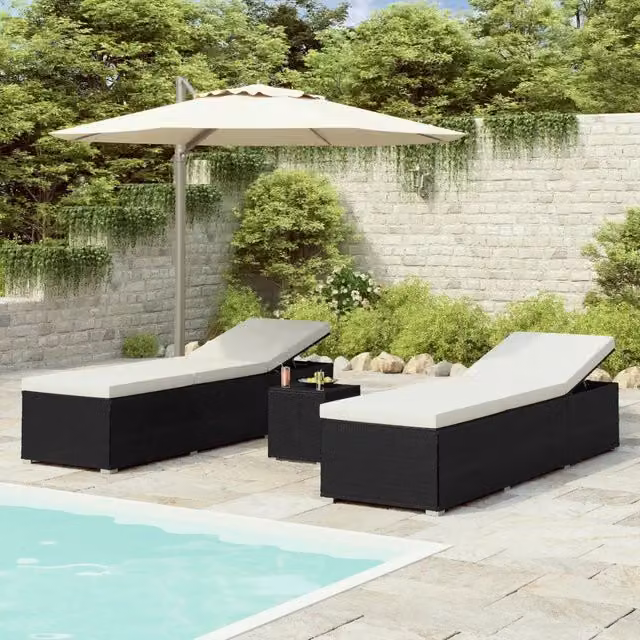 Lettini Prendisole con Tavolino 3 pz in Polyrattan Nero 3057662
