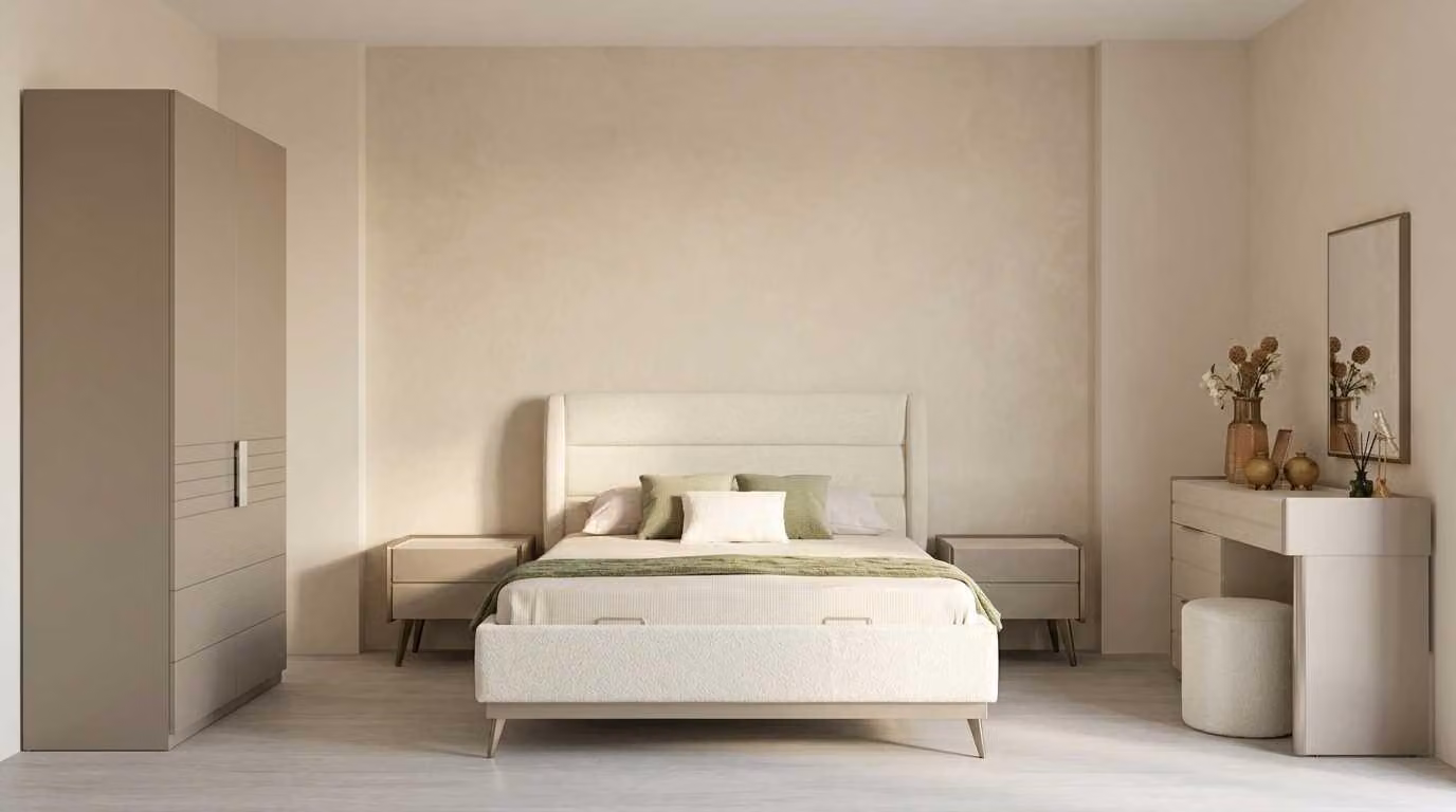 Set per camera da letto beige, moderno e composto da letto, comò da trucco e armadio