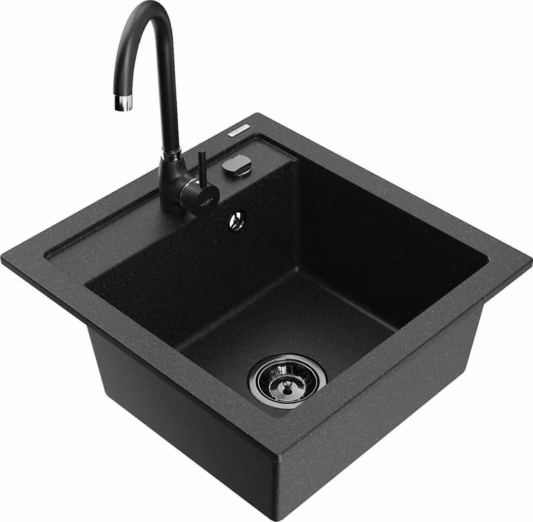 Mexen Vito lavello in granito 1-vasca con miscelatore cucina Telma, nero/metallizzato argento - 6503-73-670200-70-B