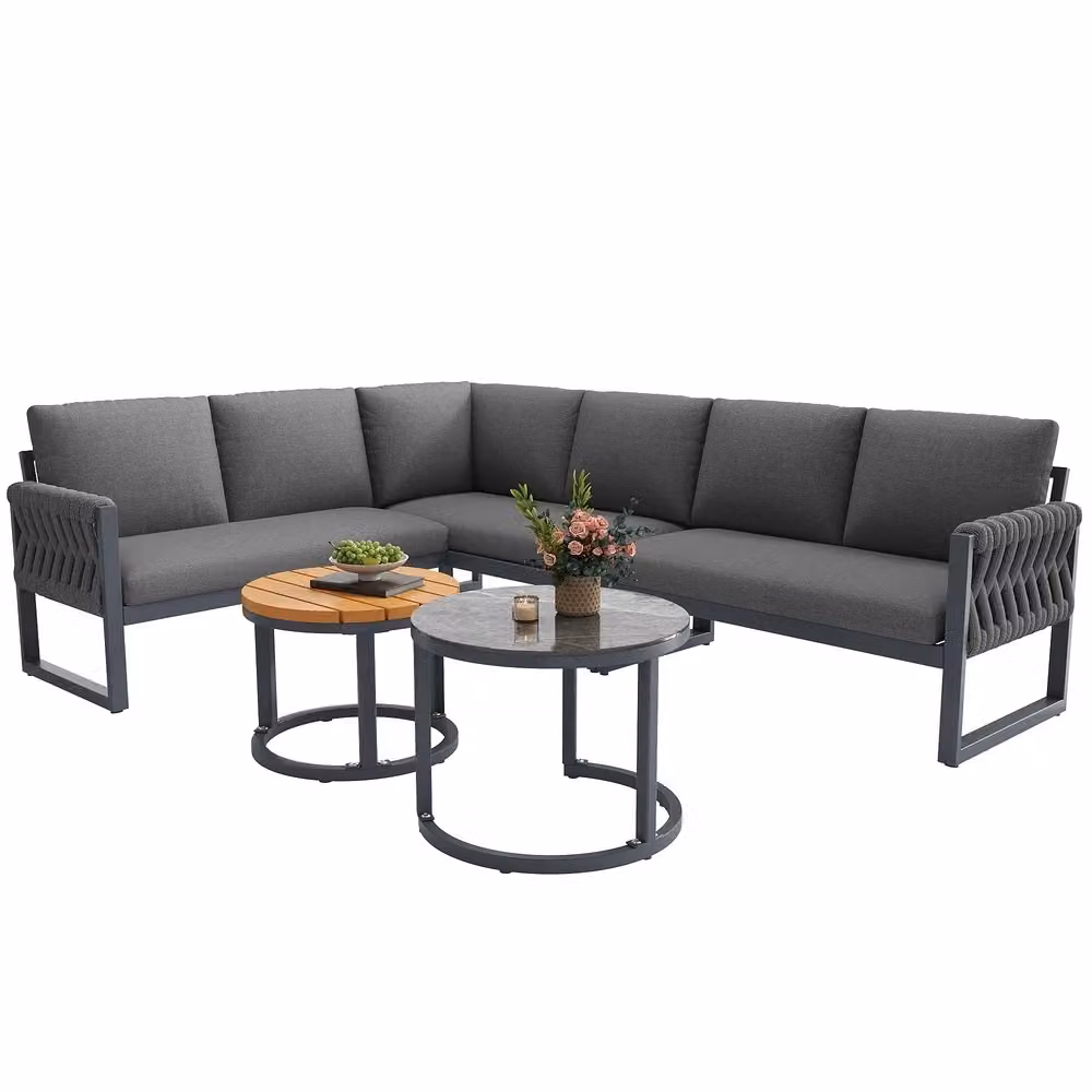 Set salotto da giardino Minimal per 5-6 persone in polyrattan grigio con cuscini rimovibili e tavolino da esterno – 2