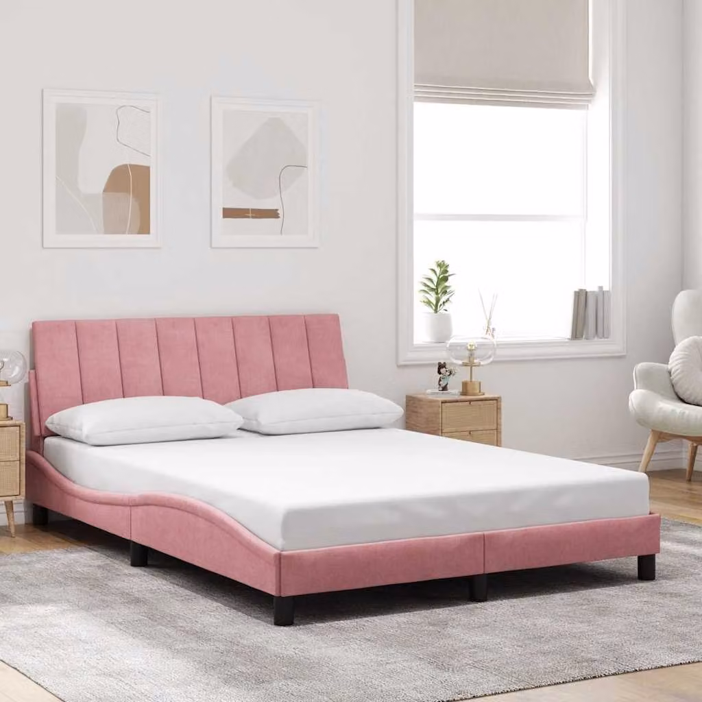 vidaXL Giroletto Hanko Rosa in Velluto con Doghe in Legno L/P: 140 x 200 cm – 1