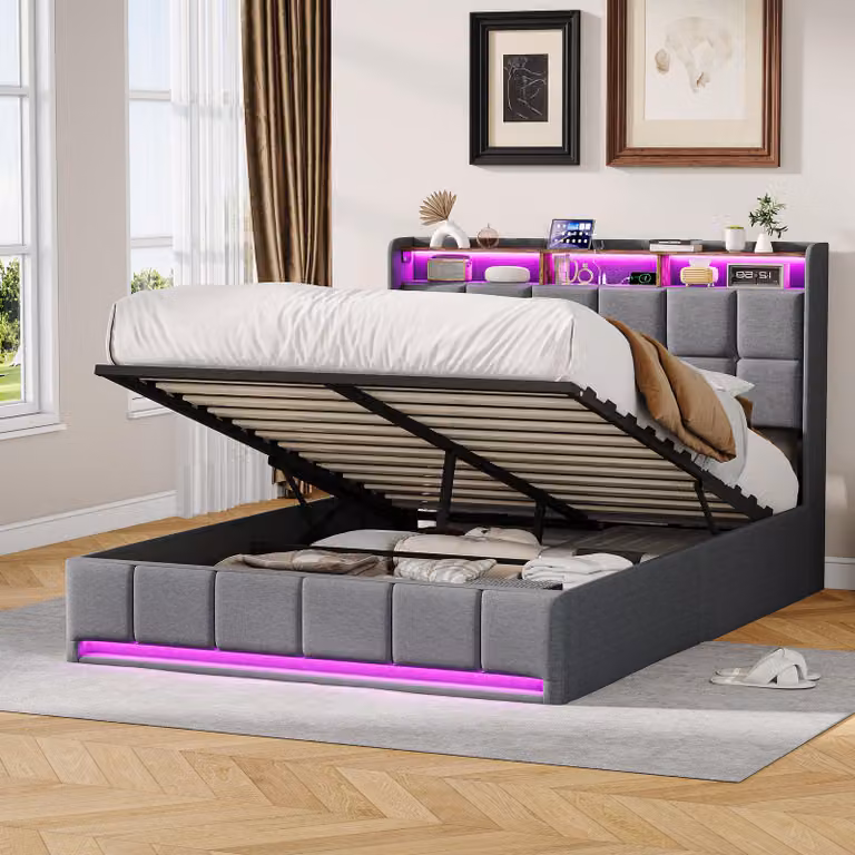Letto imbottito ProximaX 140x190 cm in tessuto di lino grigio, letto contenitore pneumatico con illuminazione a LED e stazione di ricarica USB/Type-C