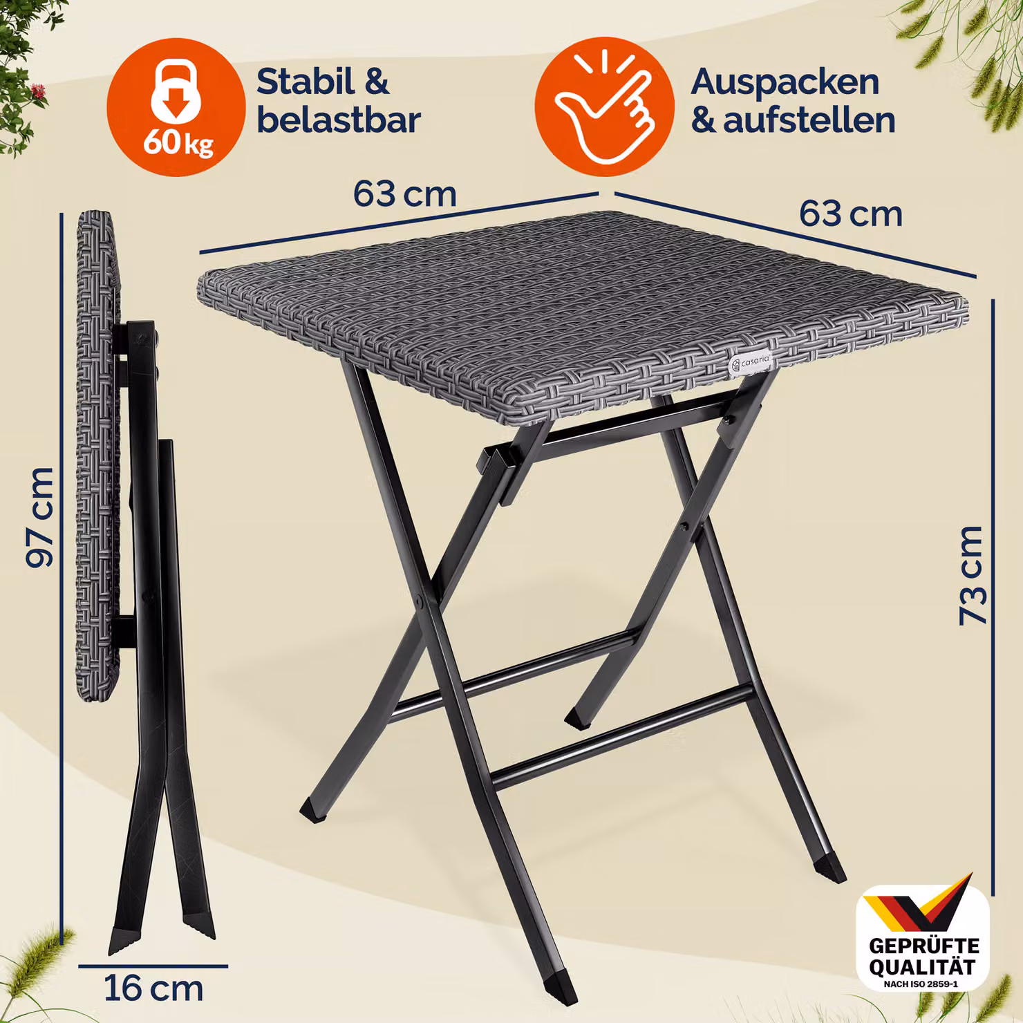 Tavolo pieghevole Roma Casaria in polyrattan nero L: 73 cm, P: 63 cm, H: 63 cm – 3
