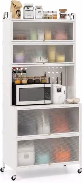 Armadio cucina 6 livelli buffet credenza, Porte ribalta supporto microonde pannello forato ganci Bianco