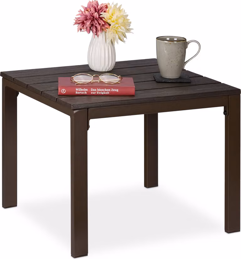 Tavolino da balcone Relaxdays, resistente alle intemperie, adatto anche per terrazze e giardini, D x L x A: 39 x 52 x 48 cm, tavolino da esterno, marrone