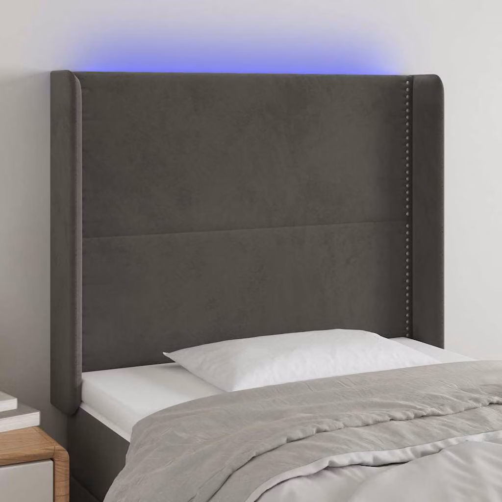 Testiera per letto vidaXL in velluto grigio con illuminazione LED e porta di ricarica USB, L: 83 cm, P: 16 cm, H: 118-128 cm