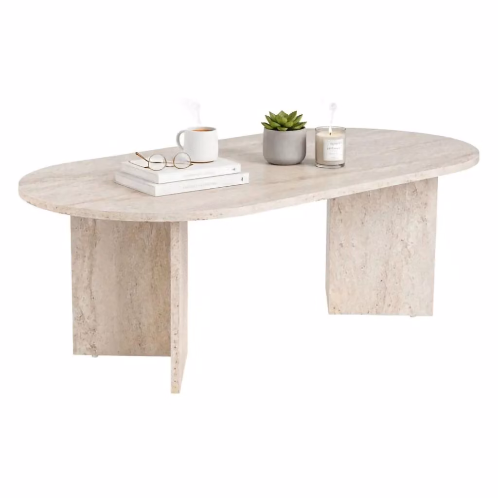 Tavolino da salotto moderno DMORA beige con piano ovale e portariviste L: 120 cm, P: 60 cm, H: 40 cm – 2