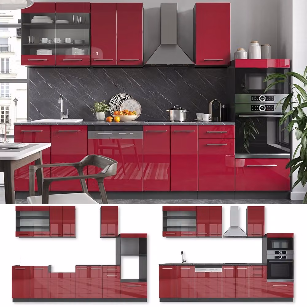 Cucina componibile moderna Vicco Fame-Line Bordeaux lucido e Antracite con armadio alto e piano in Rovere, L: 300 cm – 2