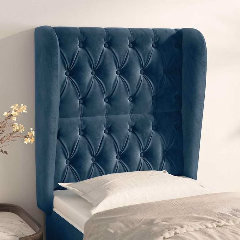 Testiera ad orecchio vidaXL in velluto blu scuro con struttura in legno L: 83 cm, P: 23 cm, H: 118-128 cm