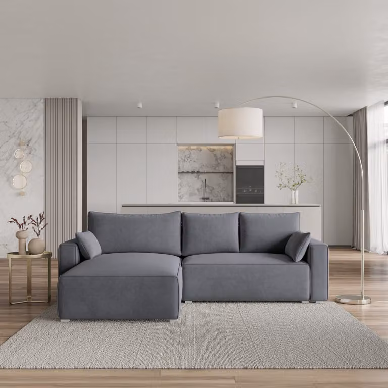 Divano angolare Masseno FORIL con funzione letto a L, divano con box letto, divano da soggiorno, divano, divano, divano letto, set di divani - grigio, MONOLITH 85
