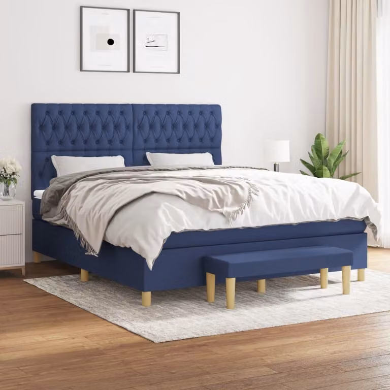 The Living Store Letto a molle con materasso blu 180x200 cm in tessuto