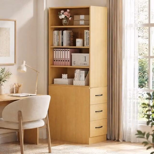 Libreria moderna in MDF color rovere con ripiani regolabili e cassetti laterali, L 60 cm x P 38 cm x H 180 cm