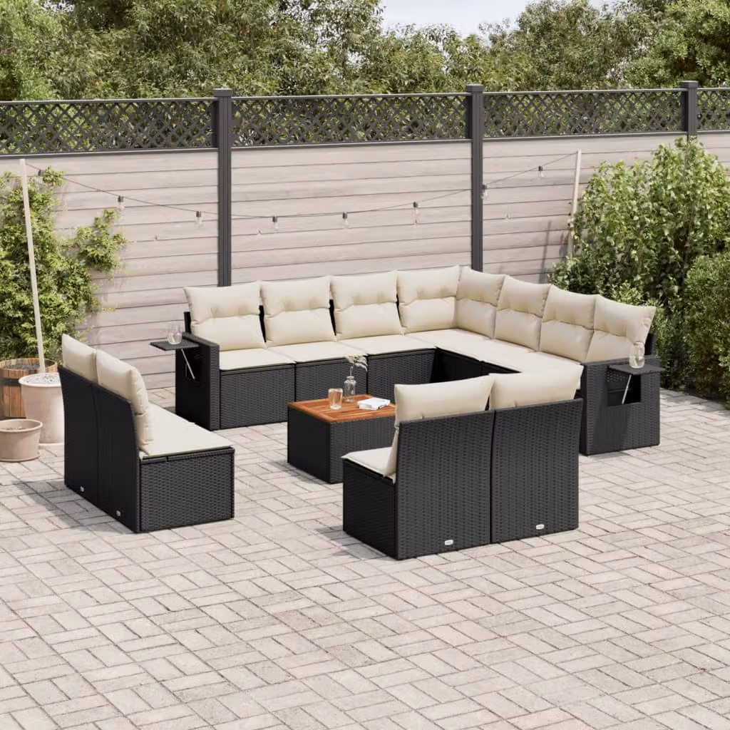 vidaXL Set Divani da Giardino 12 pz a Forma a U in Polyrattan Nero con Cuscini e Tavolino da Esterno – 1